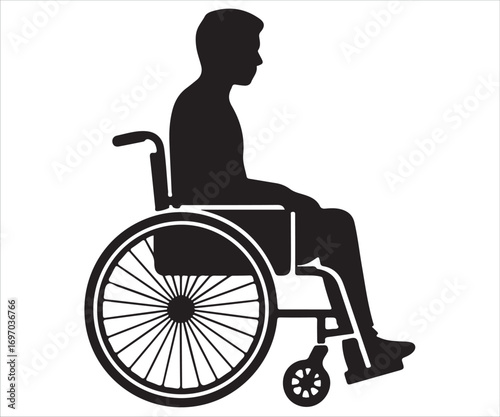 Silhouette of man sitting in wheelchair side view, disability concept illustration, accessibility symbol, healthcare design, rehabilitation support, medical care, inclusion, patient mobility, handicap