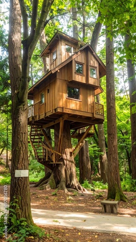 Wooden treehouse nestled in forest