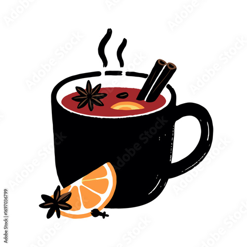 A hot drink in a black mug with cinnamon sticks, star anise, orange slice and cloves in a flat style on a white background, concept of cozy beverage