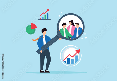Flat illustration of businessman examine large magnifier over customer group symbolizing research for marketing insight