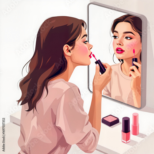 Woman touching up lips, cheerful ambiance, clean aesthetic