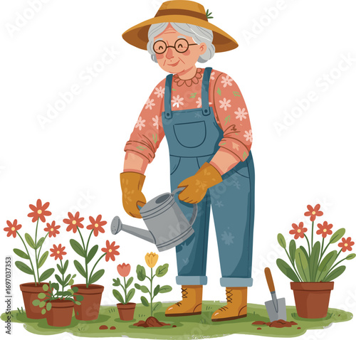 Elderly woman gardening, senior lady watering flowers, outdoor gardening activity, happy grandmother planting, nature care, home garden hobby.