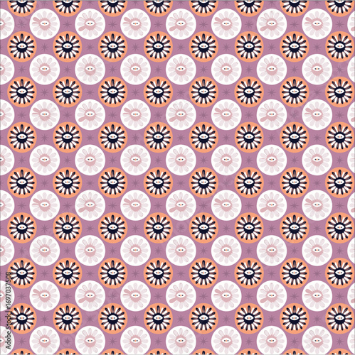 seamless repeating pattern, symmetrical abstract floral shapes arranged in a grid on a hot pink background