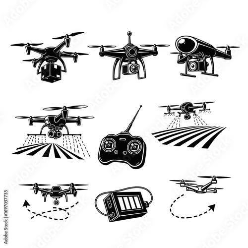 Drone icon set in minimalist style featuring black designs on transparent background