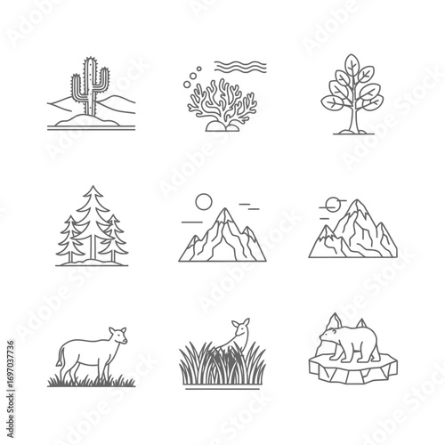 Diverse ecosystem icon set in minimalist line art style