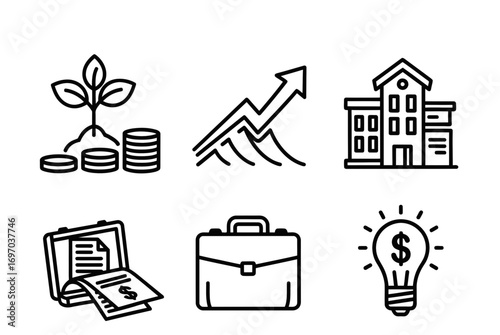 Financial growth planning icons in minimalist style on transparent background