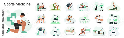 set of sports medicine vector illustrations,  concepts for physical therapy, athlete injury and rehabilitation