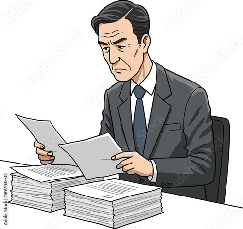 Serious businessman reviewing documents, office worker analyzing paperwork, professional in suit with piles of papers, business meeting concept.