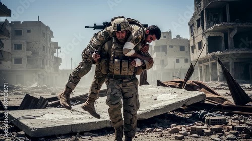 Soldier carrying injured comrade on his back through battlefield rubble, depicting military rescue and war zone bravery footage.