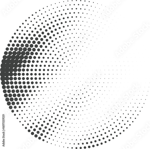 Radial circular halftone dot gradient vector abstract design with fading monochrome sphere and geometric swirl pattern clean grayscale texture for modern background uses