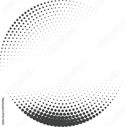 Radial circular halftone dot gradient vector abstract design with fading monochrome sphere and geometric swirl pattern clean grayscale texture for modern background uses