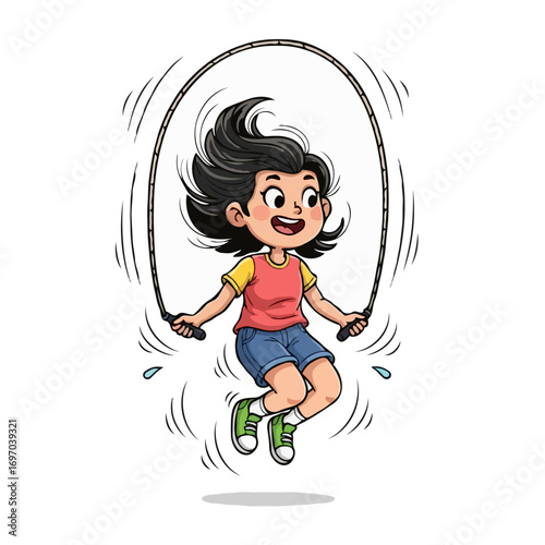 Cartoon Asian Girl Jumping Rope Isolated
