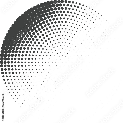Radial circular halftone dot gradient vector abstract design with fading monochrome sphere and geometric swirl pattern clean grayscale texture for modern background uses