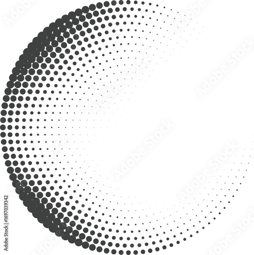 Radial circular halftone dot gradient vector abstract design with fading monochrome sphere and geometric swirl pattern clean grayscale texture for modern background uses