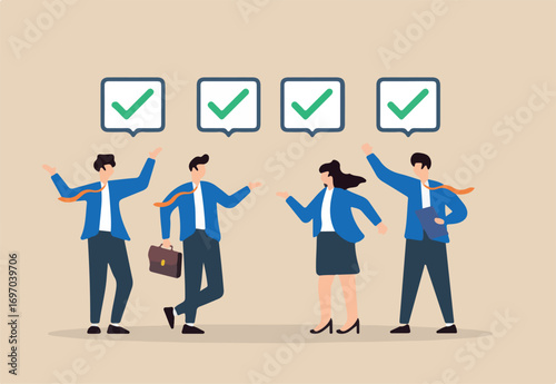 Flat illustration of business people agreeing on completed tasks with check marks team approval consensus collaboration agree to work together and project agreement 
