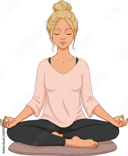 Young woman meditating in lotus pose on mat, peaceful female practicing mindfulness and yoga, vector wellness illustration design.