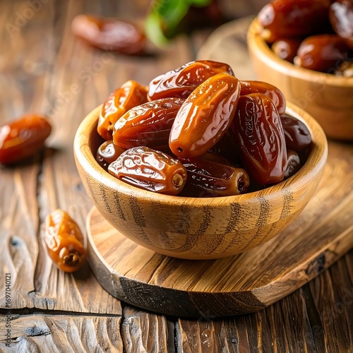 Dried dates in a wooden bowl on a rustic table