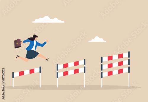 Flat illustration of businesswoman confidently jumping over hurdles to overcome career challenges and achieve success