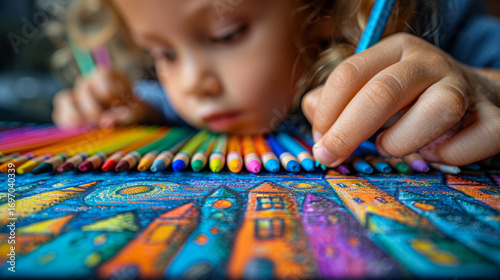Child drawing with colored pencils on colorful drawing.