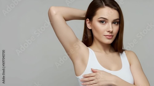 Woman raises arm showing hairless underarm skin. Skincare, body care, and hair removal concept. Studio shot on grey background for dermatology, cosmetic
