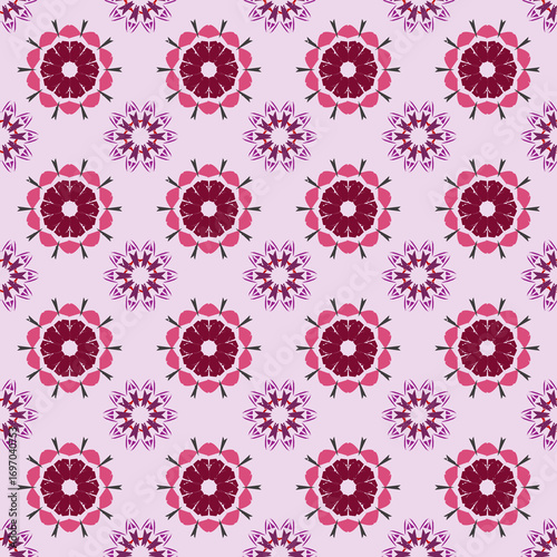 Seamless Floral and mandala Geometric Pattern in Pink and Red.