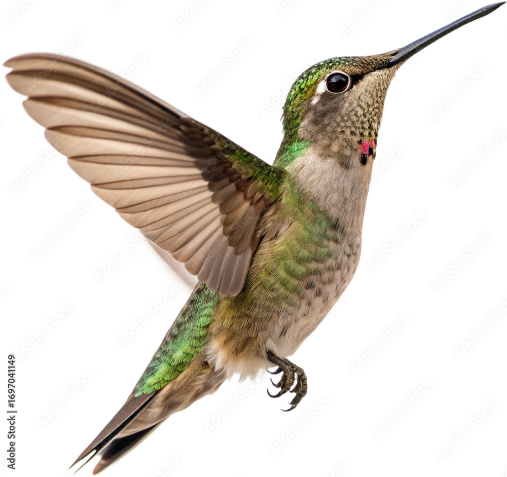 Fototapeta premium Tiny iridescent hummingbird hovering mid-flight capturing nectar with its delicate beak, wings blurred 