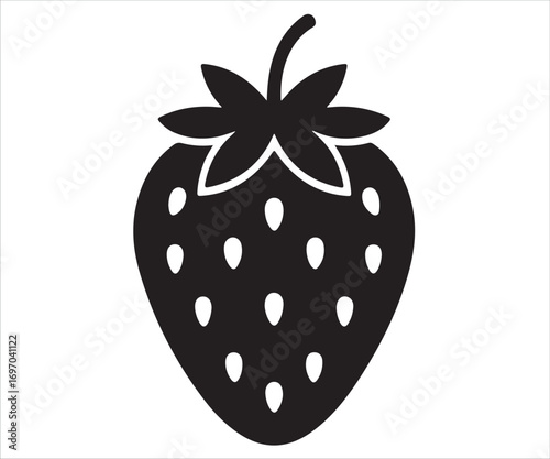 Silhouette of strawberry fruit with leaves and seeds, simple berry illustration, healthy organic food icon, summer dessert design, vegetarian diet, sweet fruit symbol, natural product, botanical eleme