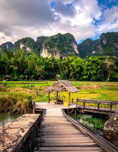 Wooden walkway through rice paddy to mountain
