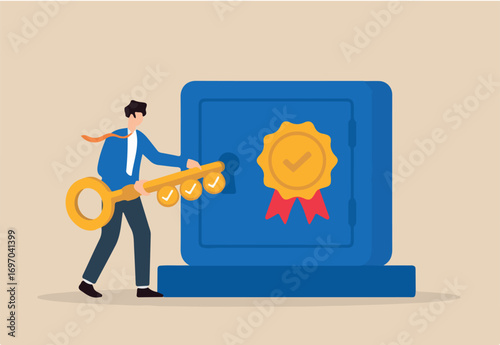 Flat illustration of quality control manager unlocking vault of quality badge using master checklist key