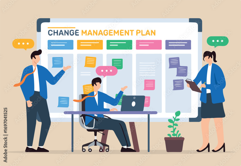 Fototapeta premium Vector illustration of working together in change management plan with sticky notes on whiteboard
