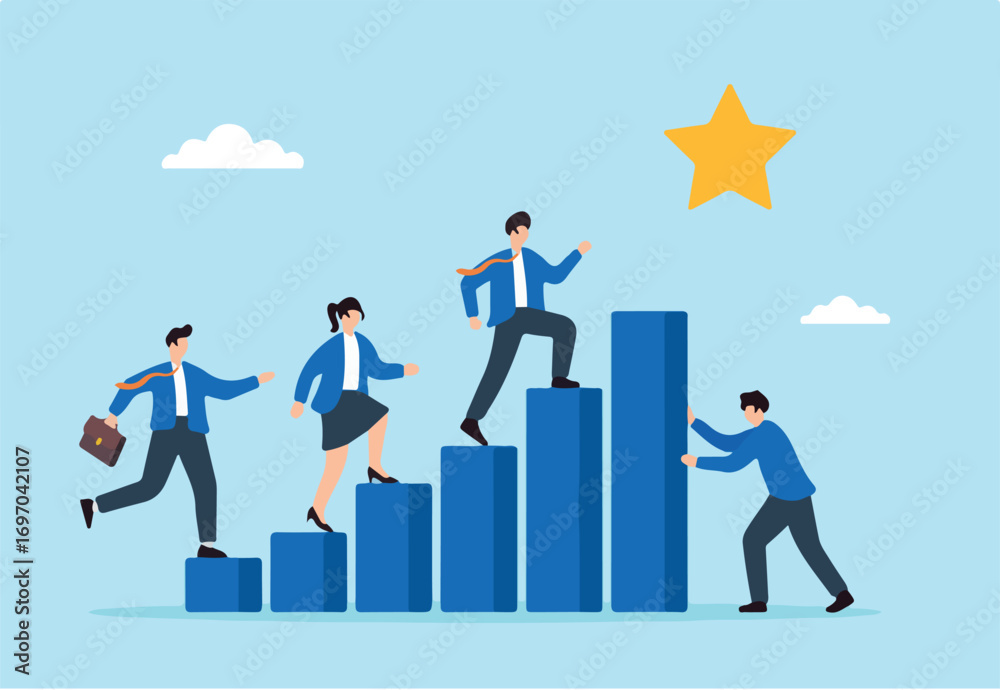 Flat illustration of business leader building bar chart staircase for team to reach startup success goal Flat illustration of business leader building bar chart staircase for team to reach startup success goal