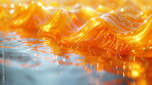 Abstract golden liquid waves on a reflective surface.