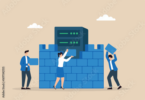 Flat illustration of three people building fortress wall from data blocks around server to prevent cyberattacks with encryption layers