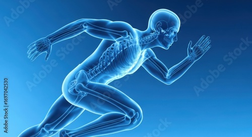 Anatomical illustration of a human skeleton in motion, depicting a runners pose against a blue gradient background