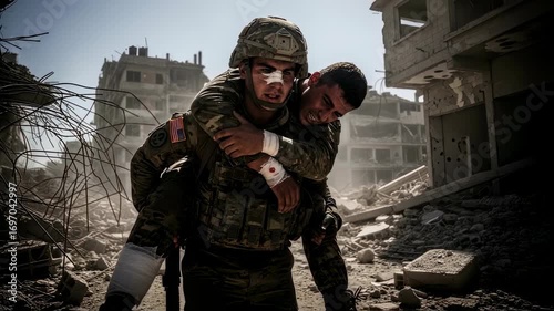 Soldier carrying injured man in rubble, a rescue operation in conflict zone. Military aid concept.
