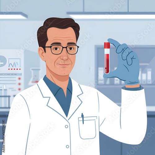 Male Scientist Holding Blood Test Tube in Laboratory