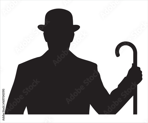Silhouette of man in bowler hat holding walking cane, classic gentleman figure, vintage retro style, traditional fashion, old-fashioned character, aristocratic look, cultural heritage, iconic historic