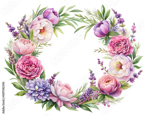 Watercolor Floral Wreath with Peonies and Lavender on Transparent Background
