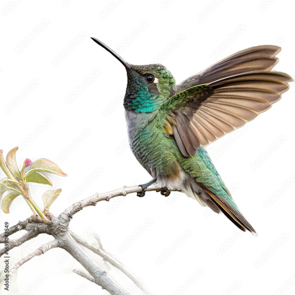 Obraz premium Vibrant hummingbird with iridescent green feathers poised on a branch, wings outstretched for flight 