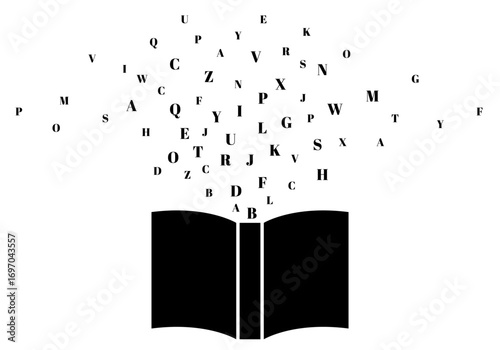 Letters pour out from the opened book