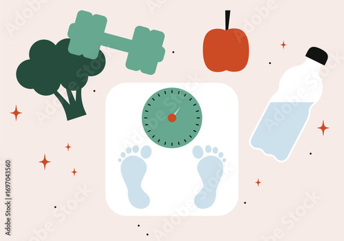 Weight scales, red apple, dumbbell. Weight loss, healthy lifestyles, diet, proper nutrition