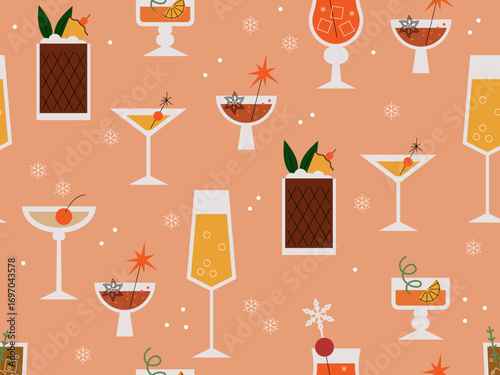 Seamless pattern with cocktails. Holiday party design. Winter holiday drinks. Christmas-themed cocktails