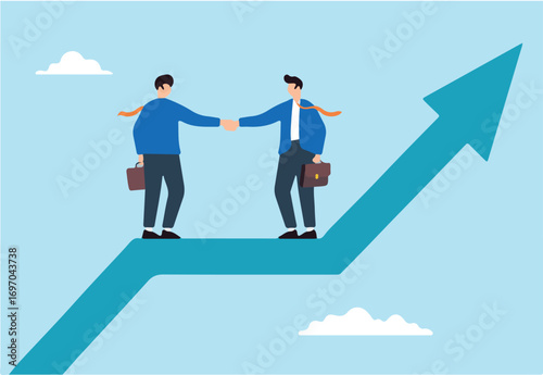 Flat illustration of two businessmen shaking hands on rising growth arrow cooperation partnership negotiation collaborate success team