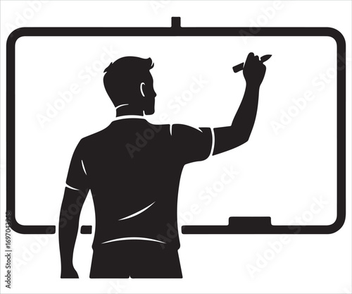 Silhouette of man writing on large whiteboard with marker, teacher giving lecture, business trainer explaining strategy, education, learning, brainstorming, classroom, office presentation, or corporat