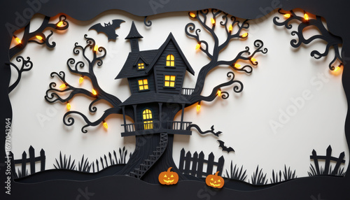 Paper cut, paper art for Halloween background. A whimsical haunted house with spooky trees, bats, and pumpkins, perfect for Halloween decorations and themes.