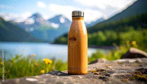 Wooden water bottle by a lake
