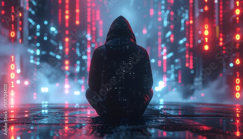 Cyberpunk Hacker Silhouette in Digital Rain Neon Cityscape