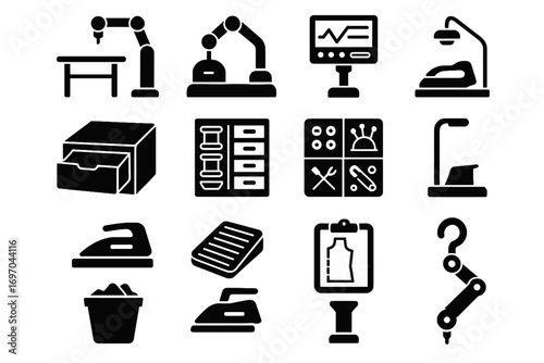 Tailor power dock robot vector hook monitor icon unit foot iron drawer