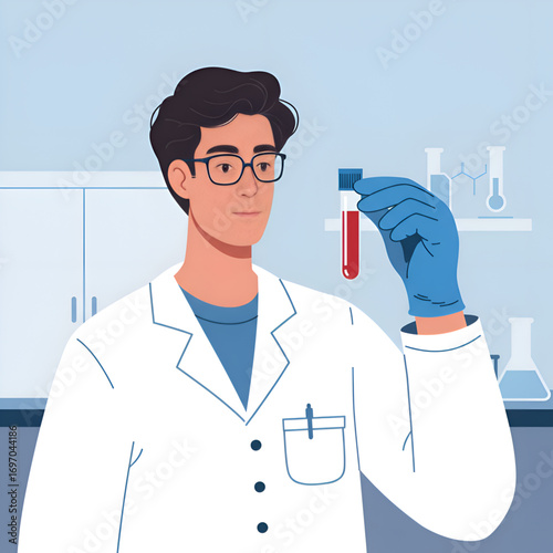 A laboratory technician holds a blood test tube in the laboratory.