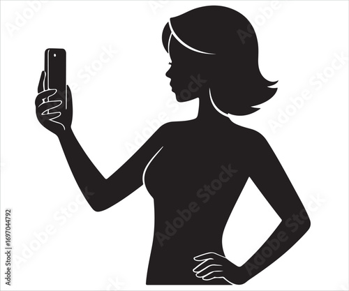 Silhouette of woman taking selfie with smartphone in hand, side profile young female posing for picture, mobile phone photography, social media lifestyle, digital communication, modern technology, or 
